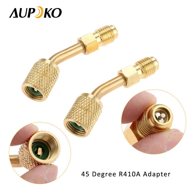 Aupoko R410A Adapter 5/16" SAE Female Quick Couplers to 1/4" SAE Male Flare, 2 PC 45 Degree Angled Charging Vacuum Adapter, Used for R410a with Thimble Mini Split System, HVAC and Refrigeration Service - Image 3